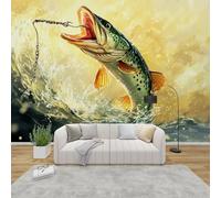 QEODAH Fish Wallpaper for Living Room, Fishing Wildlife Wall Art for Bedroom, Hunting Bass Fish Wall Murals for Bedrooms, Renter Friendly Removable Waterproof Non-Woven Photo Wallpaper 3D, 366x254 cm