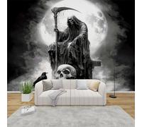 QEODAH Gothic Mural Wallpaper for Living Room, Grim Reaper Wall Art for Bedroom, Goth Crow Skull Wall Murals for Bedrooms, Renter Friendly Removable Waterproof Non-Woven Photo Wallpaper 3D, 300x210 cm