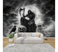 QEODAH Gothic Wallpaper for Living Room, Grim Reaper Wall Art for Bedroom, Goth Skull Crow Wall Murals for Bedrooms, Renter Friendly Removable Waterproof Non-Woven Photo Wallpaper 3D, 350x256 cm