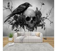 QEODAH Gothic Wallpaper for Living Room, Skull Wall Art for Bedroom, Goth Crow Rose Wall Mural, Renter Friendly Removable Waterproof Non-Woven Photo Wallpaper 3D, 200x140 cm