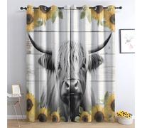 QEODAH Highland Cow Bedroom Curtains Blackout - Rustic Farmhouse Animal Sunflower Living Room Curtains 46x54 Eyelet - Soft Thermal Insulated Patterned Drapes for Windows - 2 Panels