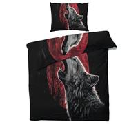 QEODAH Howling Wolf Duvet Cover Double - Wolves Bedding Set of 3 - Reversible Printed Quilt Cover and 2 Pillowcases - 110gsm Soft Brushed Microfiber Bed Set with Zipper Closure