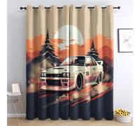 QEODAH Japanese Jdm Blackout Curtains for Bedroom - Sports Car Sunset Racing Car Living Room Curtains 66x90 Eyelet - Soft Thermal Insulated Patterned Drapes for Windows - 2 Panels