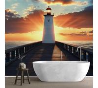 QEODAH Lighthouse Wallpaper for Living Room, Nautical Wall Art for Bedroom, Ocean Sunset Wall Mural, Renter Friendly Removable Waterproof Non-Woven Photo Wallpaper 3D, 350x256 cm