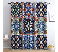 QEODAH Moroccan Curtains 213cm Drop, Colourful Moroccan Tile Oriental Patchwork Patterned Blackout Curtains for Bedroom, Living Room Decor, Soft Thermal Insulated Eyelet Drapes for Windows - 2 Panels
