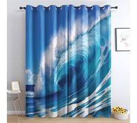 QEODAH Ocean Wave Curtains 213cm Drop, Blue Sea Wave Surf Hawaiian Summer Patterned Blackout Curtains for Bedroom, Living Room Decor, Soft Thermal Insulated Eyelet Drapes for Windows - 2 Panels
