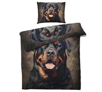 QEODAH Rottweiler Duvet Cover Double - Dog Bedding Set of 3 - Reversible Printed Quilt Cover and 2 Pillowcases - 110gsm Soft Brushed Microfiber Bed Set with Zipper Closure