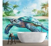 QEODAH Sea Turtle Wallpaper for Living Room, Coastal Beach Wall Art for Bedroom, Tropical Palm Tree Wall Mural, Renter Friendly Removable Waterproof Non-Woven Photo Wallpaper 3D, 200x140 cm