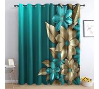 QEODAH Turquoise Blackout Curtains for Bedroom - Teal and Gold Floral Abstract Flower Living Room Curtains 66x72 Eyelet - Soft Thermal Insulated Patterned Drapes for Windows - 2 Panels