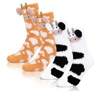 QESSUVNC 2 Pairs Women's Fluffy Thermal Socks,Cute Cow & Orange Giraffe Prints,Thick Winter Bed Socks & Non-Slip House Socks,Cosy Christmas Gifts for Women & Girls (UK 3-7)