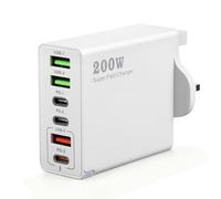 QESSUVNC 200W USB C Plug, 6-Port Fast Charger Plug with PD Agreement, Multi USB C Charger Hub for MacBook, Laptop, iPhone, iPad, Galaxy, USB to C Multi Charger Block(White)