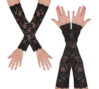 QESSUVNC 2Pcs Lace Gloves Long Black Gloves Lace Fingerless Gloves for Women,Lace Black Gloves Fancy Dress Gothic Accessories for Women,Elegant Women's Lace Floral Gloves for Tea Party Wedding