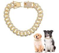 QESSUVNC Puppy Chain Gold Chain Cat Collar Gold 60cm/24in Gold Dog Chain Collar Diamond Cuban Collars Walking Metal Chain Collar with Design Secure Buckle Pet Cuban Crystal Jewelry Collar-Festive gift