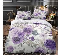 QEVAWPAE Purple Floral Design Quilt Cover 3D Design Printed Easy Care 3-Piece Bedding Set Zipper Comforter Cover Hotel Quality Breathable for Teens Adults Women Kids Girls Boys King（220x240cm）