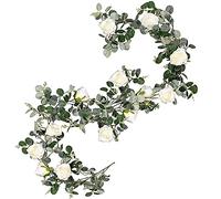Qezodsx Artificial Dollar Eucalyptus Garland with Roses,Faux Eucalyptus Leaves Vine Hanging for Indoor&Outdoor Wall Decor