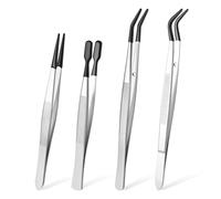 QFGasre 4 Pcs Tweezers with Rubber Tips Set PVC Coated Tweezers Flat Bent Pointed Tip Tweezer for Crafts Stamps Electronics Lab Work Beads Jewelry Tools