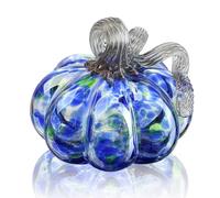 QFkris 5" Hand-Blown Glass Pumpkin Collectible Figurines Art Glass Pumpkin Paperweight Tabletop Decorative Ornaments for Fall Harvest Thanksgiving Halloween Decor(Life Blue)