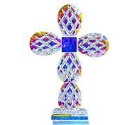 QFkris 9'' Tall Colorful Crystal Cross Standing Grid Modern Cross Figurine Glass Craft Memorial Gifts Christian Decor