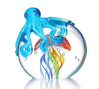 QFkris Colorful Octopus and Jellyfish Collectible Figurines Handmade Glass Paperweight Ornament Sea Animal Artwork Sculpture Home Aquarium Decor Gift Craft Decoration(5.3inch)
