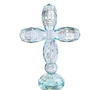 Crystal Cross Standing Colorful Traditional Cross Figurine 7'' Tall Glass Craft Decor for Christmas Gifts (Cyan-Blue)
