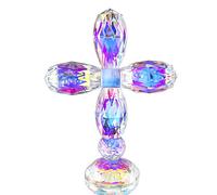 QFkris Crystal Cross Standing Colorful Traditional Cross On Base 7'' inches Glass Tabletop Figurine Christmas Gifts Christian Decor
