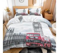 Qfpryzius Big Ben Duvet Cover Set Double, London Bedding Quilt Cover, Red Bus Duvet Cover with 2 Pillowcases, Soft Reversible Bed Covers 3 Pcs with Zipper Closure