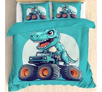 Qfpryzius Cartoon Dinosaur Duvet Cover Set Small Double, Monster Truck Dino Bedding Quilt Cover, Off Road Duvet Cover with 1 Pillowcases, Soft Reversible Bed Covers 2 Pcs with Zipper Closure
