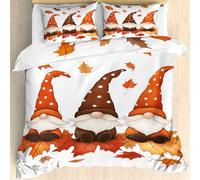 Qfpryzius Cartoon Gnome Duvet Cover Set Double, Christmas Gonks Bedding Quilt Cover Set, Autumn Maple Leaves Duvet Cover with 2 Pillowcases, Microfibre Reversible Bed Covers 3 Pcs with Zipper Closure