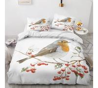 Qfpryzius Christmas Robin Single Duvet Cover Set, Xmas Berry Bedding Quilt Cover Set, Winter Holiday Duvet Cover with 1 Pillowcases, Microfibre Reversible Bed Covers 2 Pcs with Zipper Closure