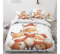 Qfpryzius Christmas Single Duvet Cover Set, Cute Fox Family Bedding Quilt Cover Set, Santa Hats Duvet Cover with 1 Pillowcases, Soft Microfibre Reversible Bed Covers 2 Pcs with Zipper Closure