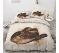 Qfpryzius Cowboy Hat Duvet Cover Set King, Western Cowboy Bedding Quilt Cover Set, Vintage Rustic Duvet Cover with 2 Pillowcases, Microfibre Reversible Bed Covers 3 Pcs with Zipper Closure