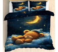 Qfpryzius Cute Teddy Bear Single Duvet Cover Set, Sleeping Bear Bedding Quilt Cover, Fantasy Moon Stars Duvet Cover with 1 Pillowcases, Microfibre Reversible Bed Covers 2 Pcs with Zipper Closure