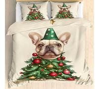 Qfpryzius French Bulldog Duvet Cover Set Small Double, Christmas Tree Dog Bedding Quilt Cover, Xmas Balls Duvet Cover with 1 Pillowcases, Microfibre Reversible Bed Covers 2 Pcs with Zipper Closure