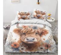 Qfpryzius Highland Cow Duvet Cover Set Double, Farmhouse Floral Bedding Quilt Cover Set, Cute Animal Duvet Cover with 2 Pillowcases, Soft Microfibre Reversible Bed Covers 3 Pcs with Zipper Closure