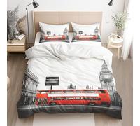 Qfpryzius Red Bus Duvet Cover Set Double, Retro London Bedding Quilt Cover, Big Ben Duvet Cover with 2 Pillowcases, Soft Reversible Bed Covers 3 Pcs with Zipper Closure