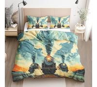 Qfpryzius Steam Train Single Duvet Cover Set, Steam Engine Bedding Quilt Cover, Vintage Train Duvet Cover with 1 Pillowcase, Soft Reversible Bed Covers 2 Pcs with Zipper Closure