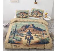Qfpryzius Western Cowboy Duvet Cover Set Double, Vintage Cactus Bedding Quilt Cover Set, Wild West Duvet Cover with 2 Pillowcases, Microfibre Reversible Bed Covers 3 Pcs with Zipper Closure