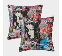QFVANSIYO Japanese Graffiti with Invisible Zipper Pack of 2 Washable Cushion Cover Decorative Pillow Cases for Sofa Couch Bedroom with Invisible Zipper 45x45cm