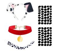 QFWFG 5 Pcs Dalmatian Dog Themed Accessory Set, Dog Ears Headband, Velvet Choker, Plush Tail & Spot Stickers, Festival Cosplay Props for Adult Daily Wear, Halloween & Theme Events