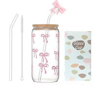 QFWFG Bow Glass Cups with Bow Straw Topper Lids and Straws - 500ml Leak-Proof Cute Iced Coffee Matcha Tumbler, Elegant Reusable Glass Cup for Milk, Bubble Tea, Cocktail & Smoothie