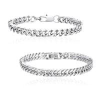 QFWFG Cuban Link Bracelet 2 Pcs Mens Chain Bracelet Silver, Sturdy Stainless Steel Bracelet for Men, Stylish Wrist Chain for Daily Wear & Gifting (8.26inch, Silver)