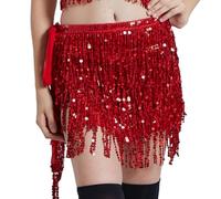 QG ltd Dance Belly Dance Dancer Costume Sequin Tassel Fringe Hip Scarf Belt Waist Wrap Skirt (Red)