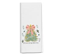 QGFM Christian Christmas Kitchen Towels, Pink Bow Xmas Tree Dish Tea Towels for Kitchen, Oh Come Let Us Adore Him Bible Verse Decorative Hand Towel for Bathroom, 16x24 Inch