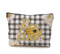 QGFM Inspirational Bee Makeup Bag, Black and White Buffalo Plaid Daisy Honeybee Cosmetic Bags for Women, Bee Kind Kindness Zipper Makeup Pouch