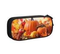 QGGHNISD Autumn Leaves Happy Thanksgiving Day Pumpkin Pencil Bag, Large Capacity Double Layer with Divider Stationery Bag,Zipper Cute Printed Cosmetic Bag for School Office Travelling