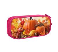 QGGHNISD Autumn Leaves Happy Thanksgiving Day Pumpkin Pencil Bag, Large Capacity Double Layer with Divider Stationery Bag,Zipper Cute Printed Cosmetic Bag for School Office Travelling
