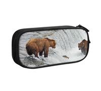 QGGHNISD Bears Fishing in River Pencil Bag, Large Capacity Double Layer with Divider Stationery Bag,Zipper Cute Printed Cosmetic Bag for School Office Travelling