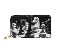 QGGHNISD Black and White Chess Women's Long Leather Wallet with Zipper, Card Slots, Cash Pocket, Clutch Purse