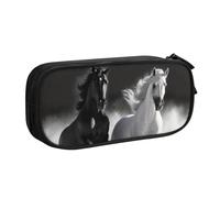 QGGHNISD Black and White Horses Running Pencil Bag, Large Capacity Double Layer with Divider Stationery Bag,Zipper Cute Printed Cosmetic Bag for School Office Travelling