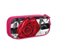 QGGHNISD Black White Stripes Red Rose Flowers Pencil Bag, Large Capacity Double Layer with Divider Stationery Bag,Zipper Cute Printed Cosmetic Bag for School Office Travelling